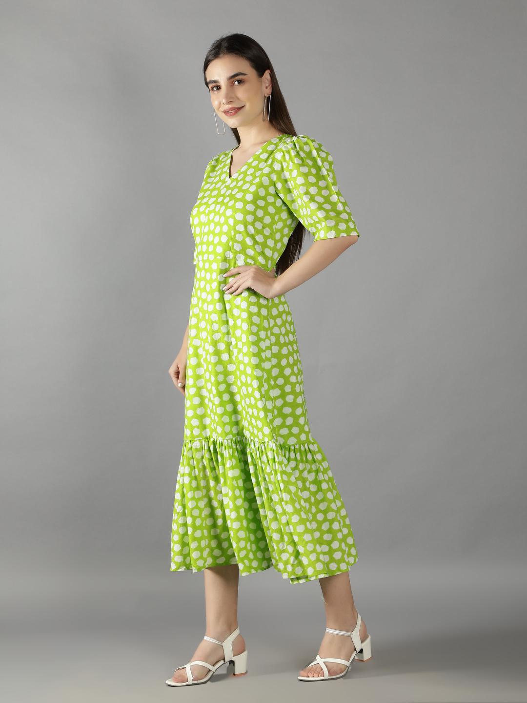 lime-green-polka-shoulder-gathered-sleeve-dress-11704117GR, Women Clothing, Cotton Dress
