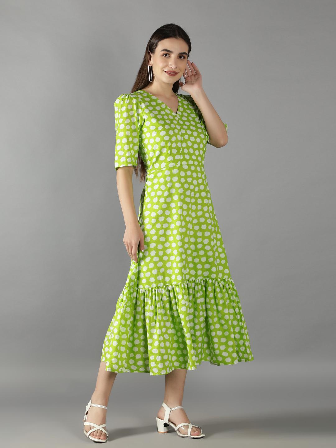 lime-green-polka-shoulder-gathered-sleeve-dress-11704117GR, Women Clothing, Cotton Dress