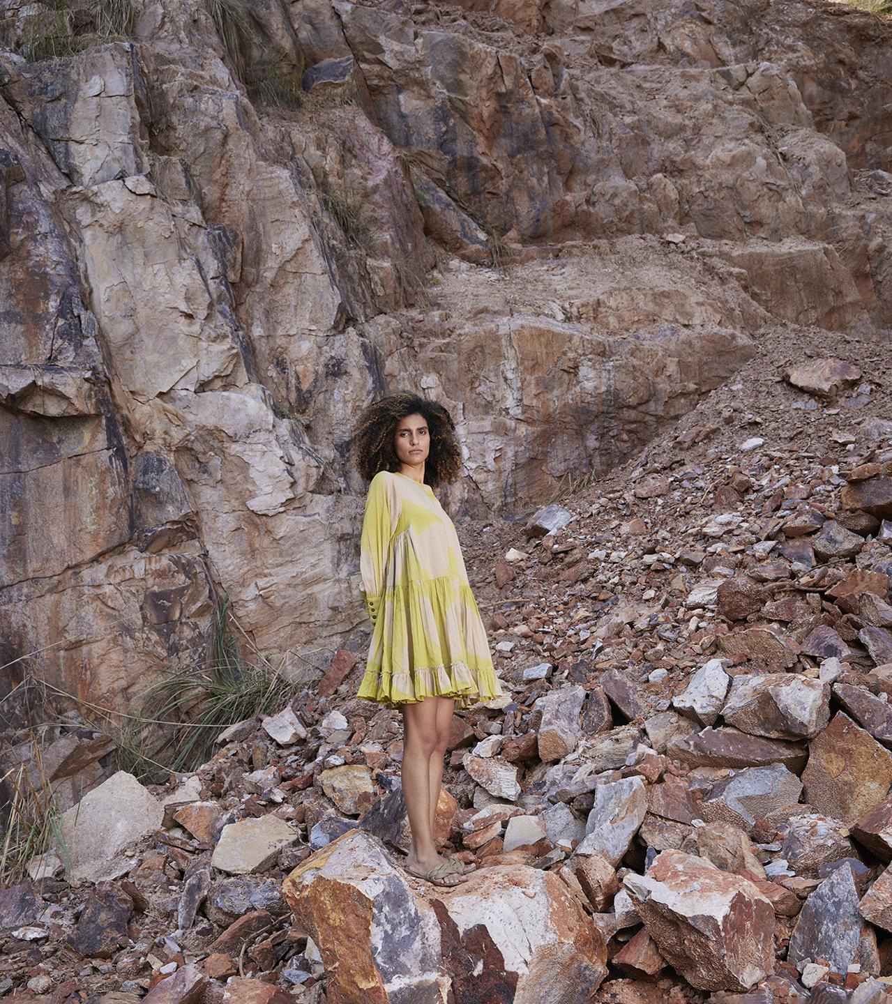lime-yellow-beige-cotton-short-dress-11904035YL, Women Clothing, Cotton Dress
