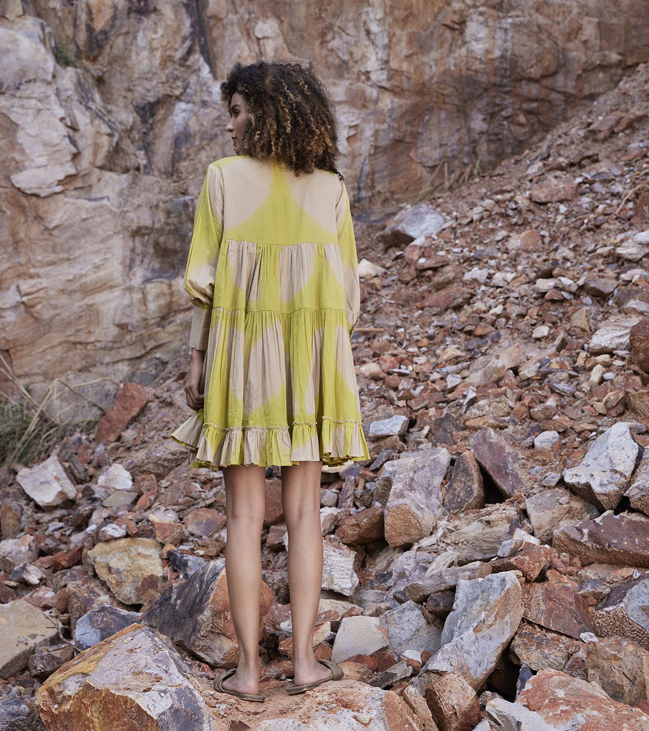 lime-yellow-beige-cotton-short-dress-11904035YL, Women Clothing, Cotton Dress