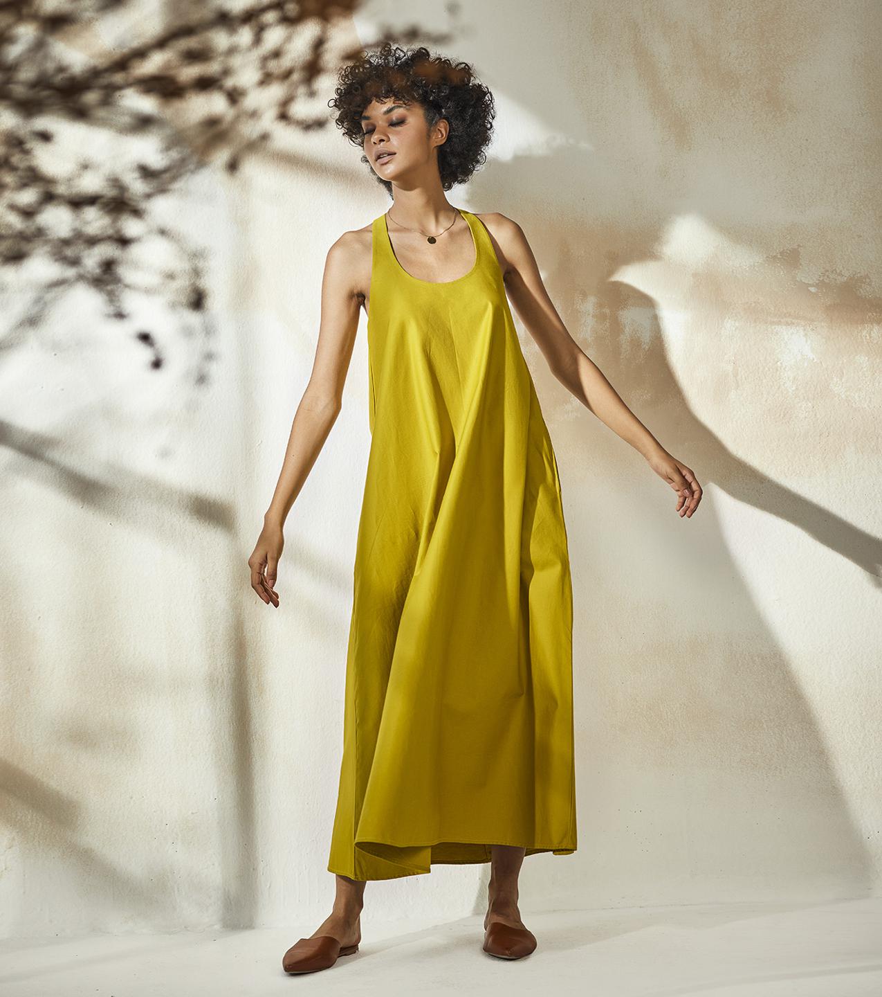 lime-yellow-cotton-dress-with-side-pockets-11904084YL, Women Clothing, Cotton Dress