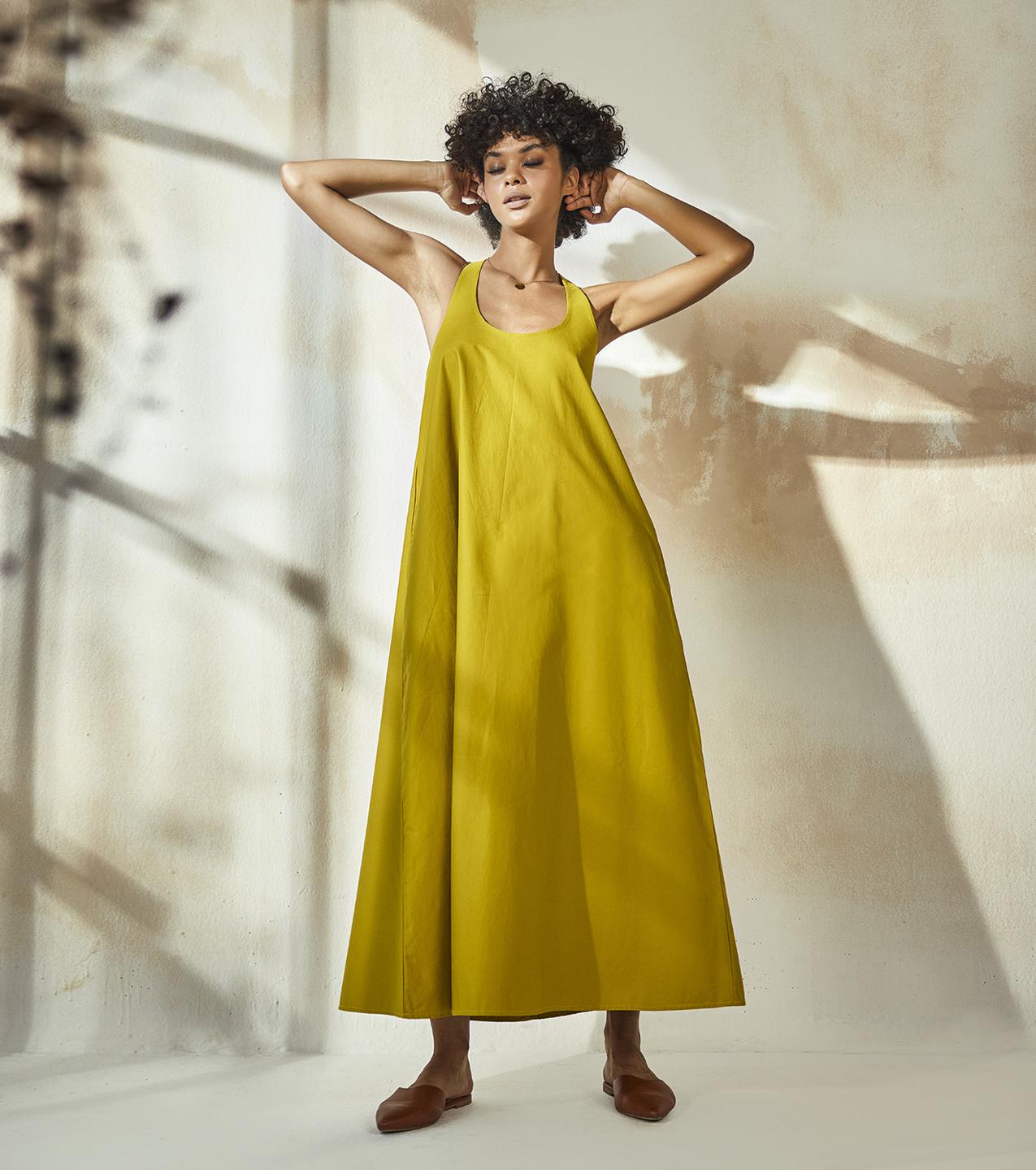 lime-yellow-cotton-dress-with-side-pockets-11904084YL, Women Clothing, Cotton Dress