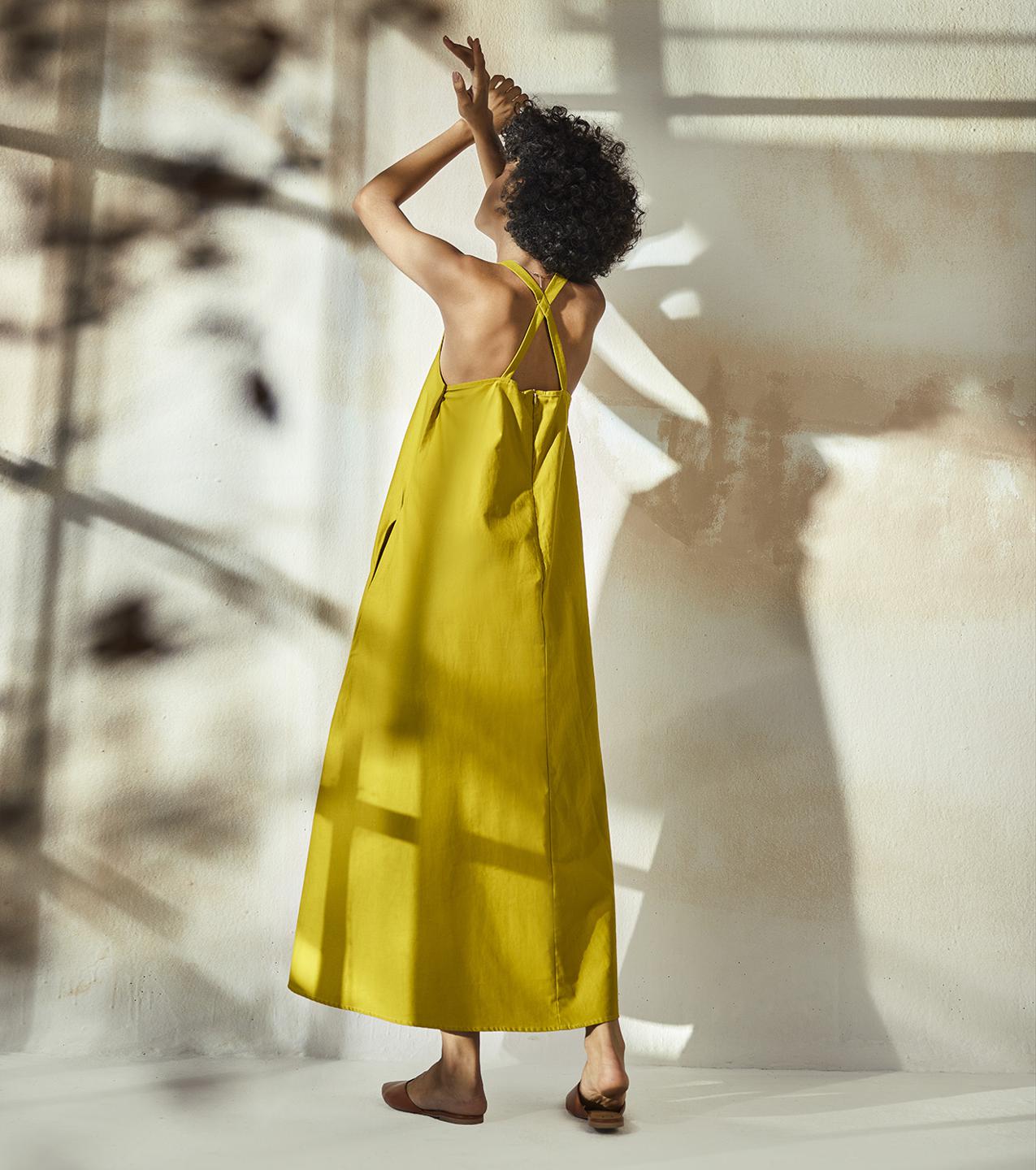 lime-yellow-cotton-dress-with-side-pockets-11904084YL, Women Clothing, Cotton Dress