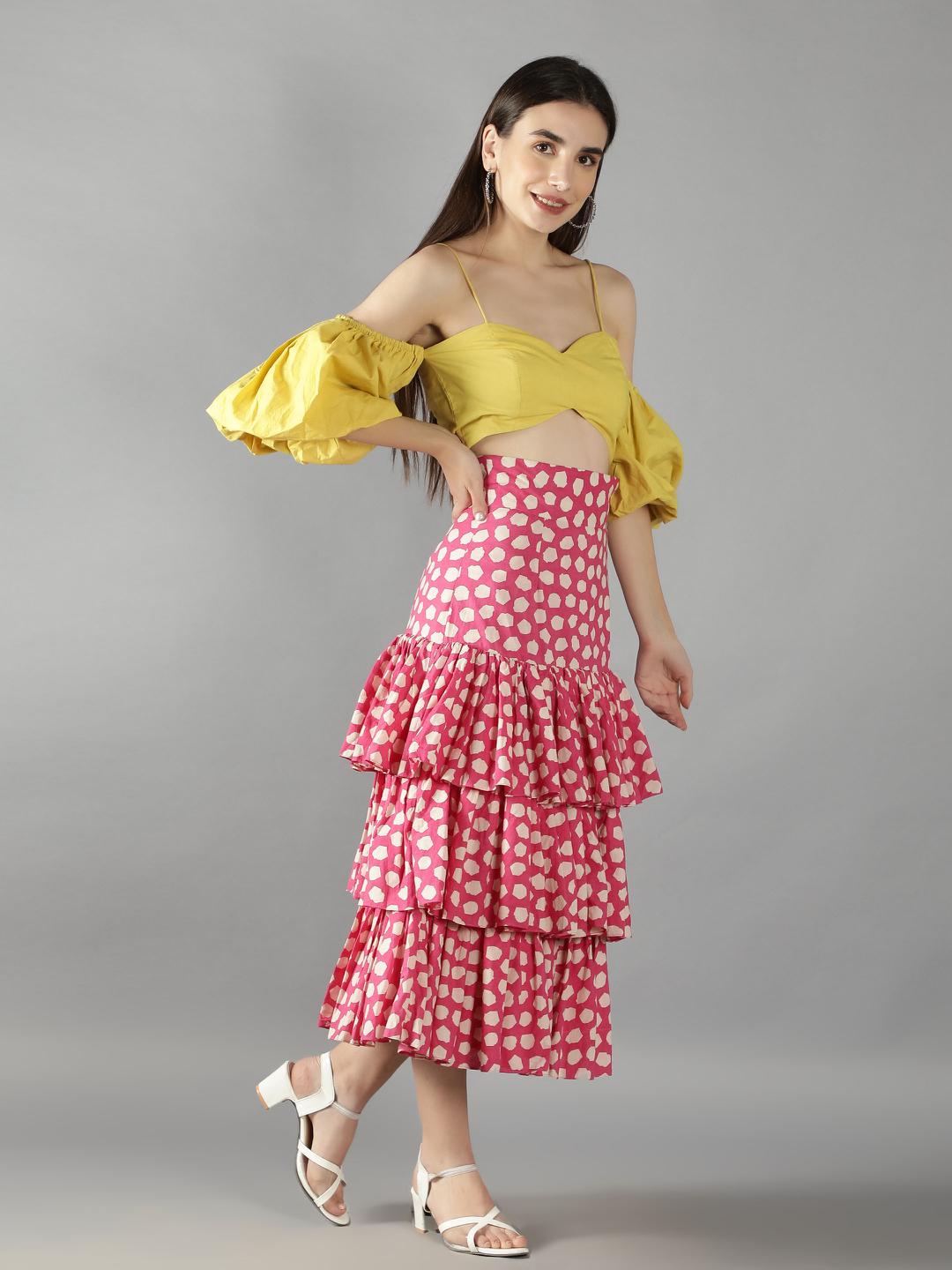 lime-yellow-off-shoulder-top-with-retro-pink-polka-dots-layered-skirt-11740120YL, Women Clothing, Cotton Matching Set
