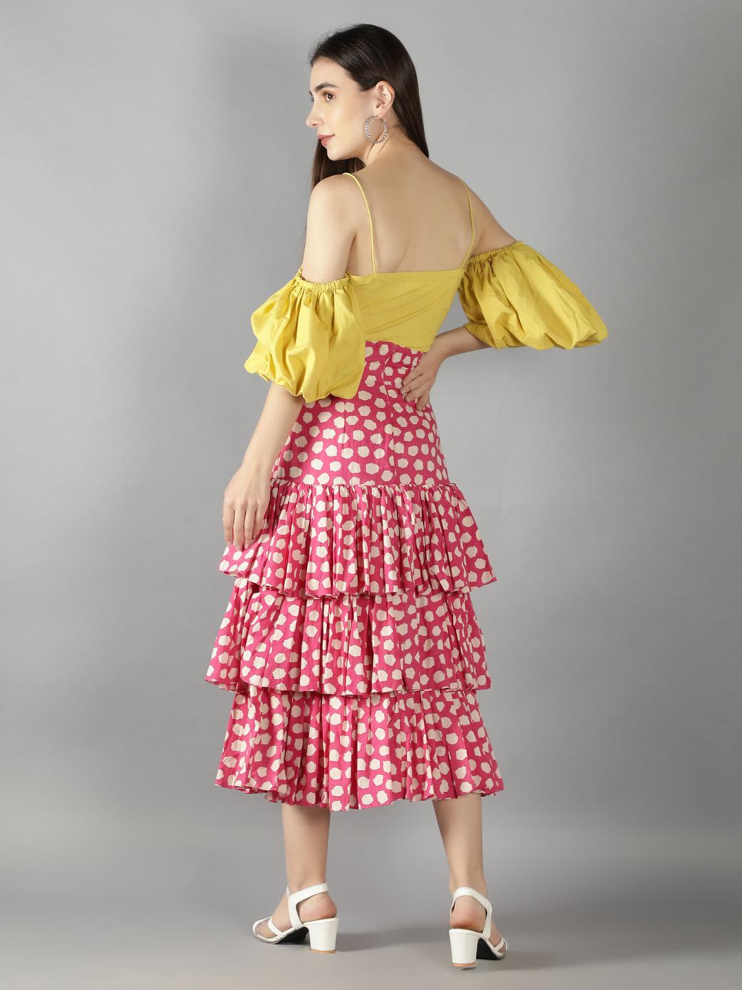 lime-yellow-off-shoulder-top-with-retro-pink-polka-dots-layered-skirt-11740120YL, Women Clothing, Cotton Matching Set