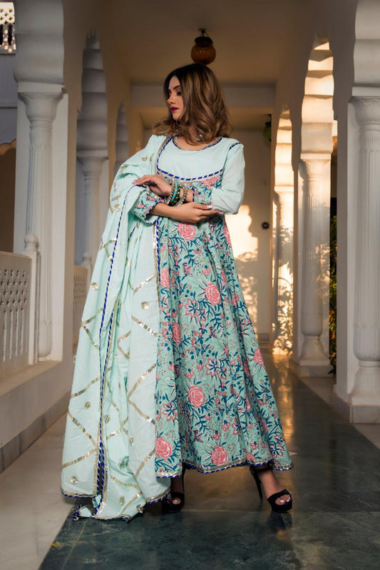 lotous-hand-block-print-anarkali-set-11403140GR, Women Indian Ethnic Clothing, Cotton Kurta Set Dupatta