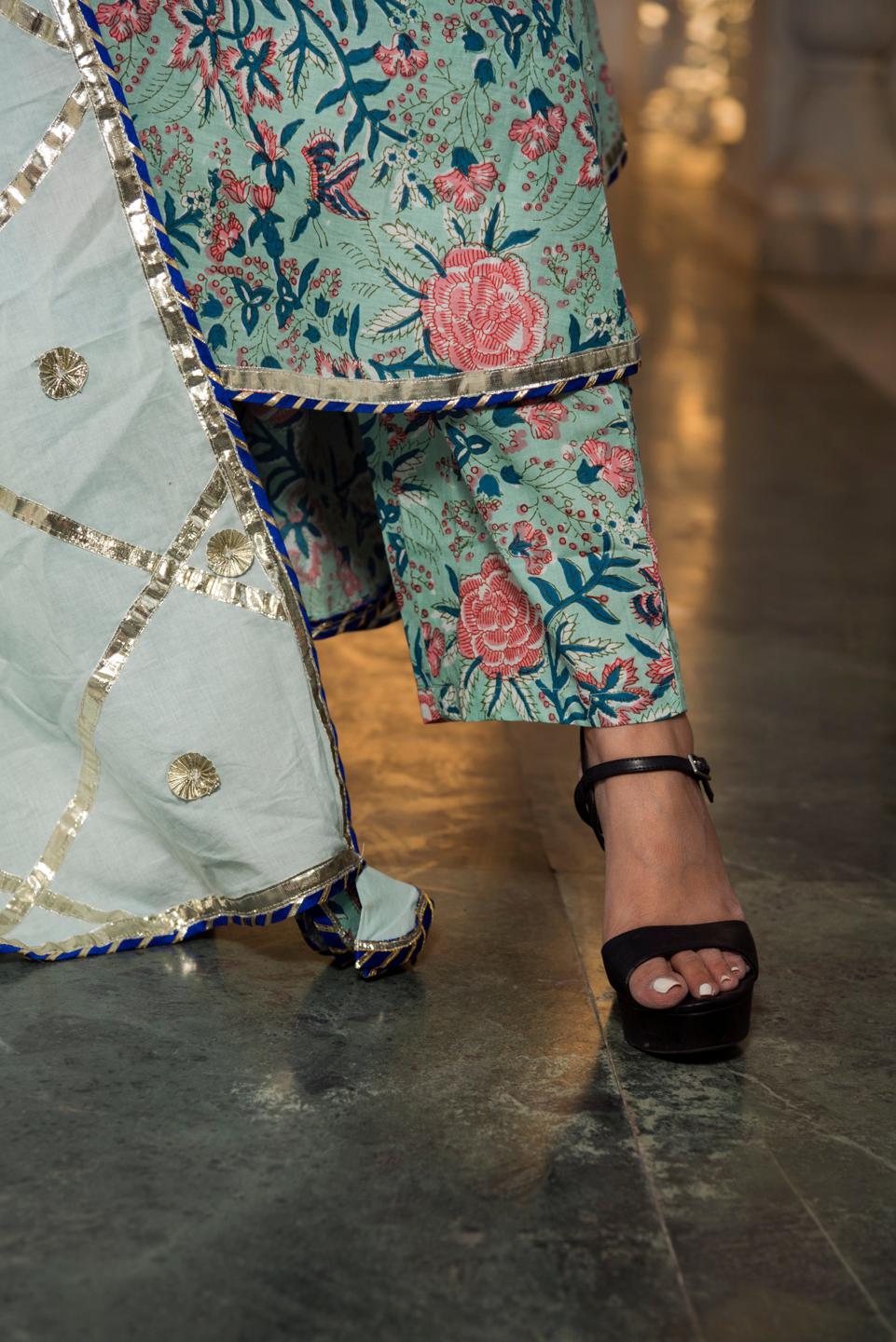 lotous-hand-block-print-anarkali-set-11403140GR, Women Indian Ethnic Clothing, Cotton Kurta Set Dupatta