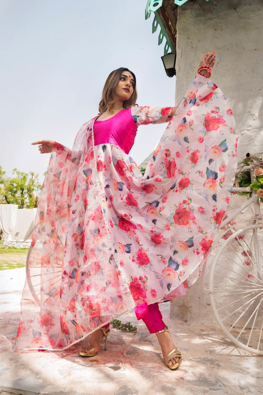 lotus-hot-pink-modal-anarkali-set-11403143PK, Women Indian Ethnic Clothing, Cotton Kurta Set Dupatta