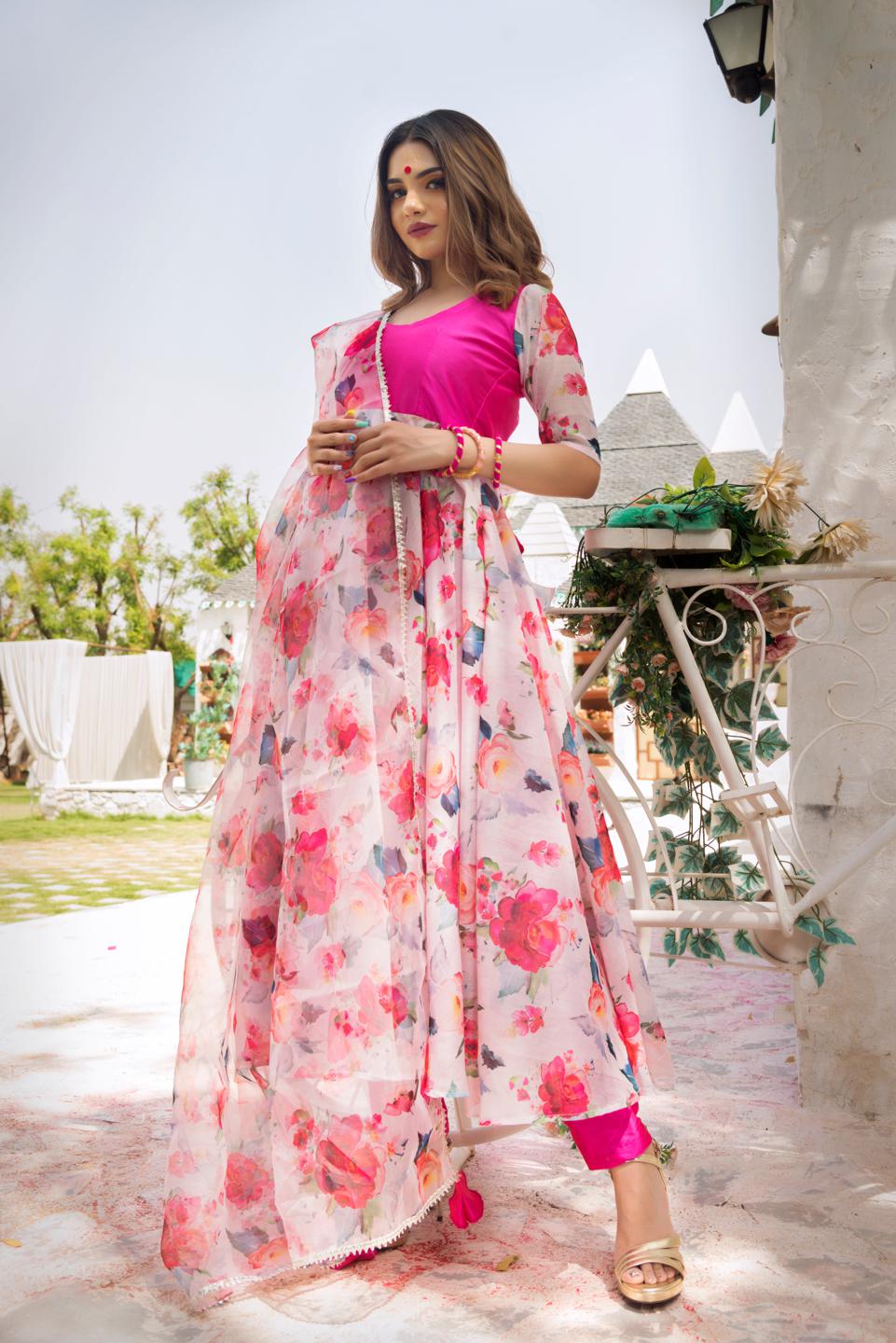 lotus-hot-pink-modal-anarkali-set-11403143PK, Women Indian Ethnic Clothing, Cotton Kurta Set Dupatta