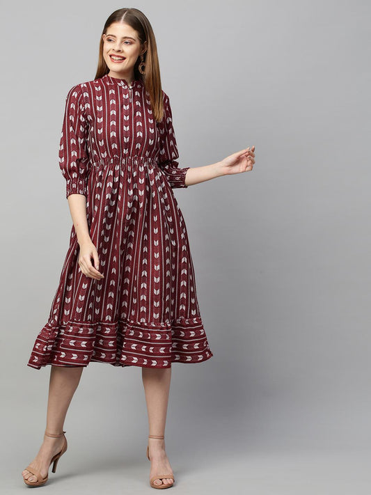 lurex-striped-woven-midi-flared-dress-dark-red-10304007RD, Women Clothing, Cotton Dress