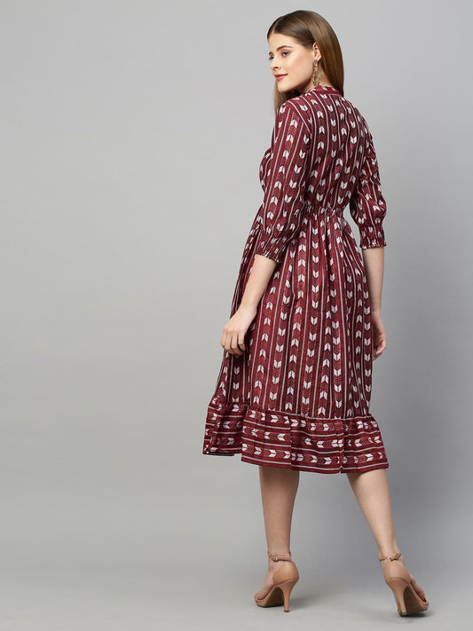 lurex-striped-woven-midi-flared-dress-dark-red-10304007RD, Women Clothing, Cotton Dress