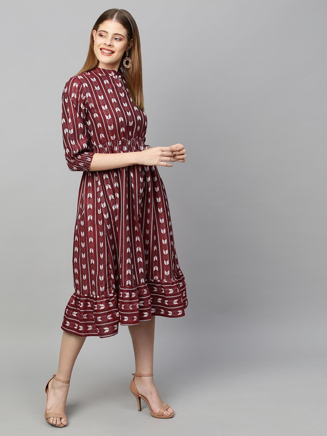 lurex-striped-woven-midi-flared-dress-dark-red-10304007RD, Women Clothing, Cotton Dress
