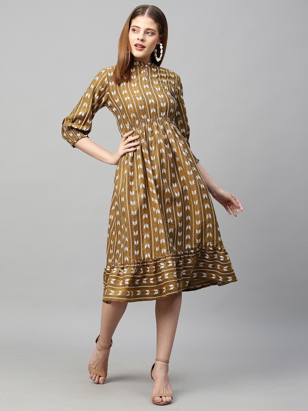 lurex-striped-woven-midi-flared-dress-khaki-grey-10304008GY, Women Clothing, Cotton Dress