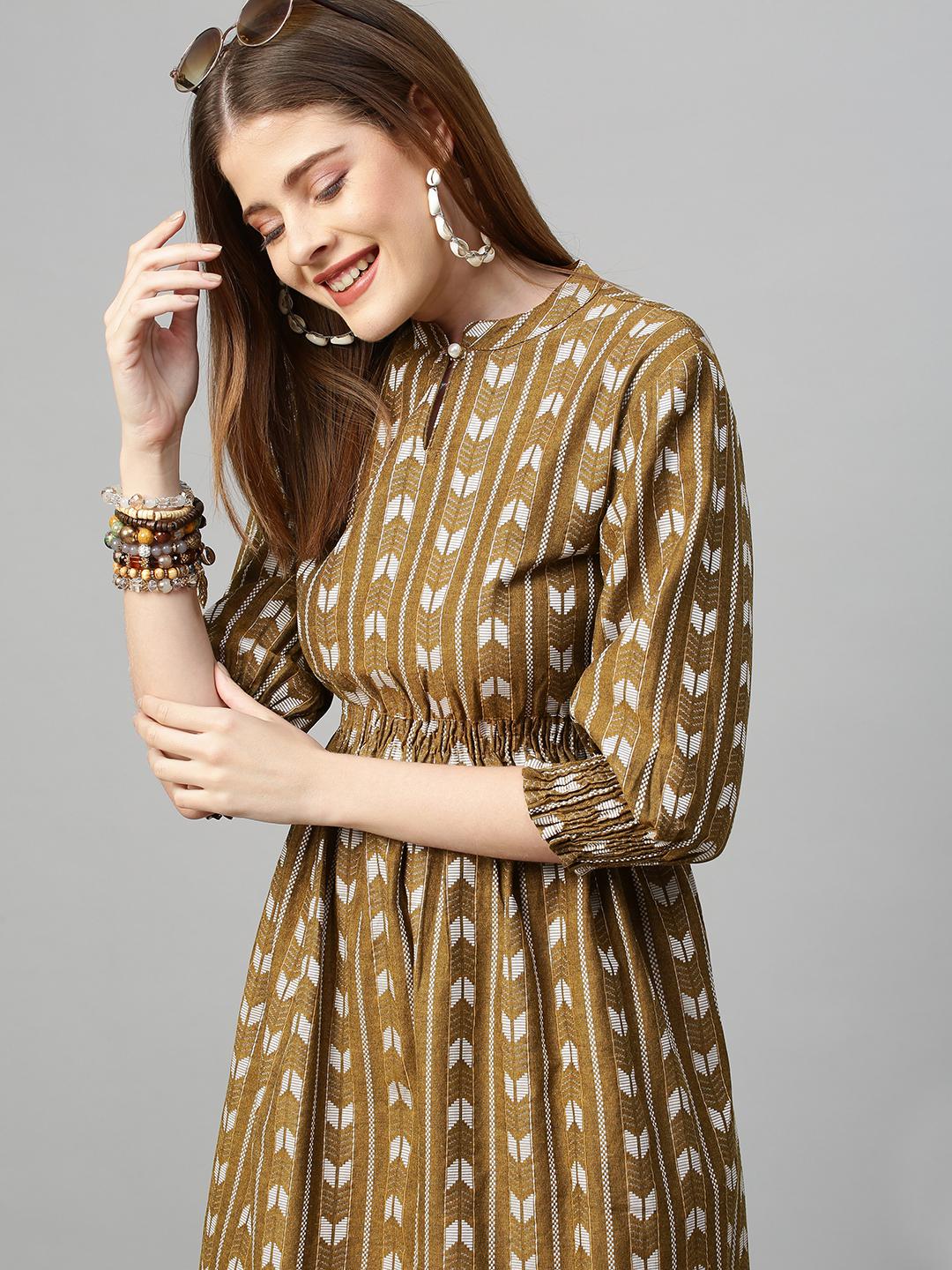lurex-striped-woven-midi-flared-dress-khaki-grey-10304008GY, Women Clothing, Cotton Dress