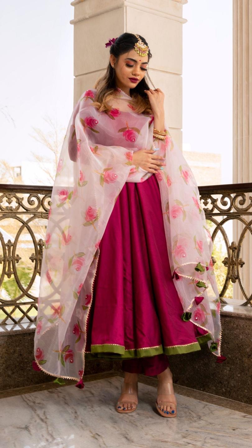 magenta-lilly-anarkali-set-11403158PR, Women Indian Ethnic Clothing, Cotton Silk Kurta Set Dupatta