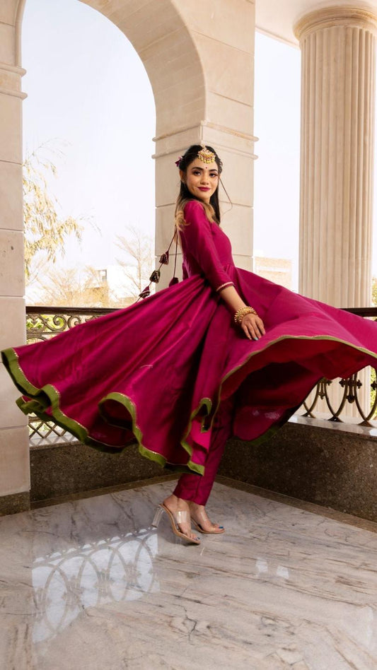 magenta-lilly-anarkali-set-11403158PR, Women Indian Ethnic Clothing, Cotton Silk Kurta Set Dupatta