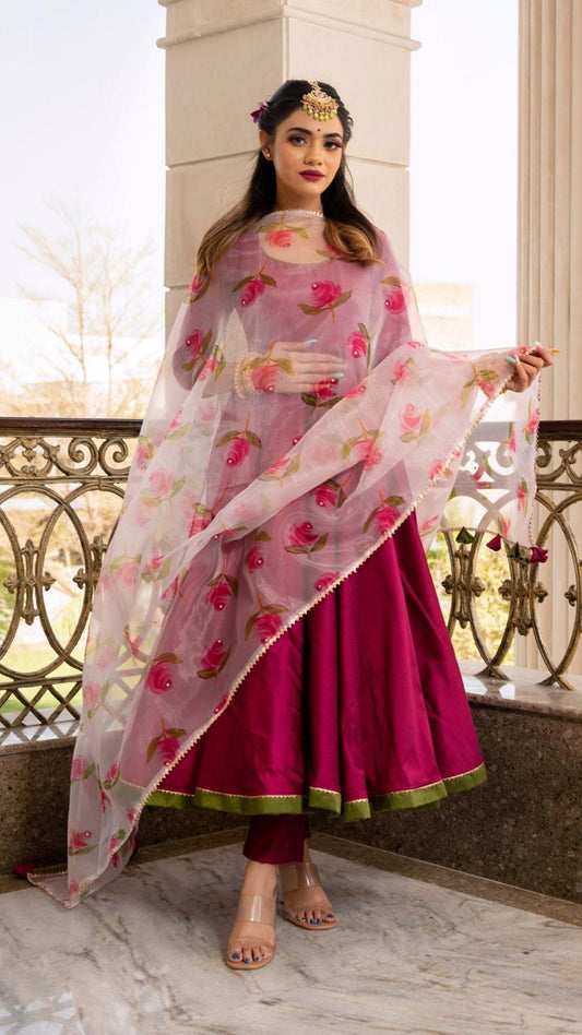 magenta-lilly-anarkali-set-11403158PR, Women Indian Ethnic Clothing, Cotton Silk Kurta Set Dupatta