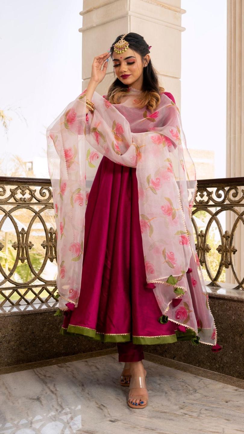 magenta-lilly-anarkali-set-11403158PR, Women Indian Ethnic Clothing, Cotton Silk Kurta Set Dupatta