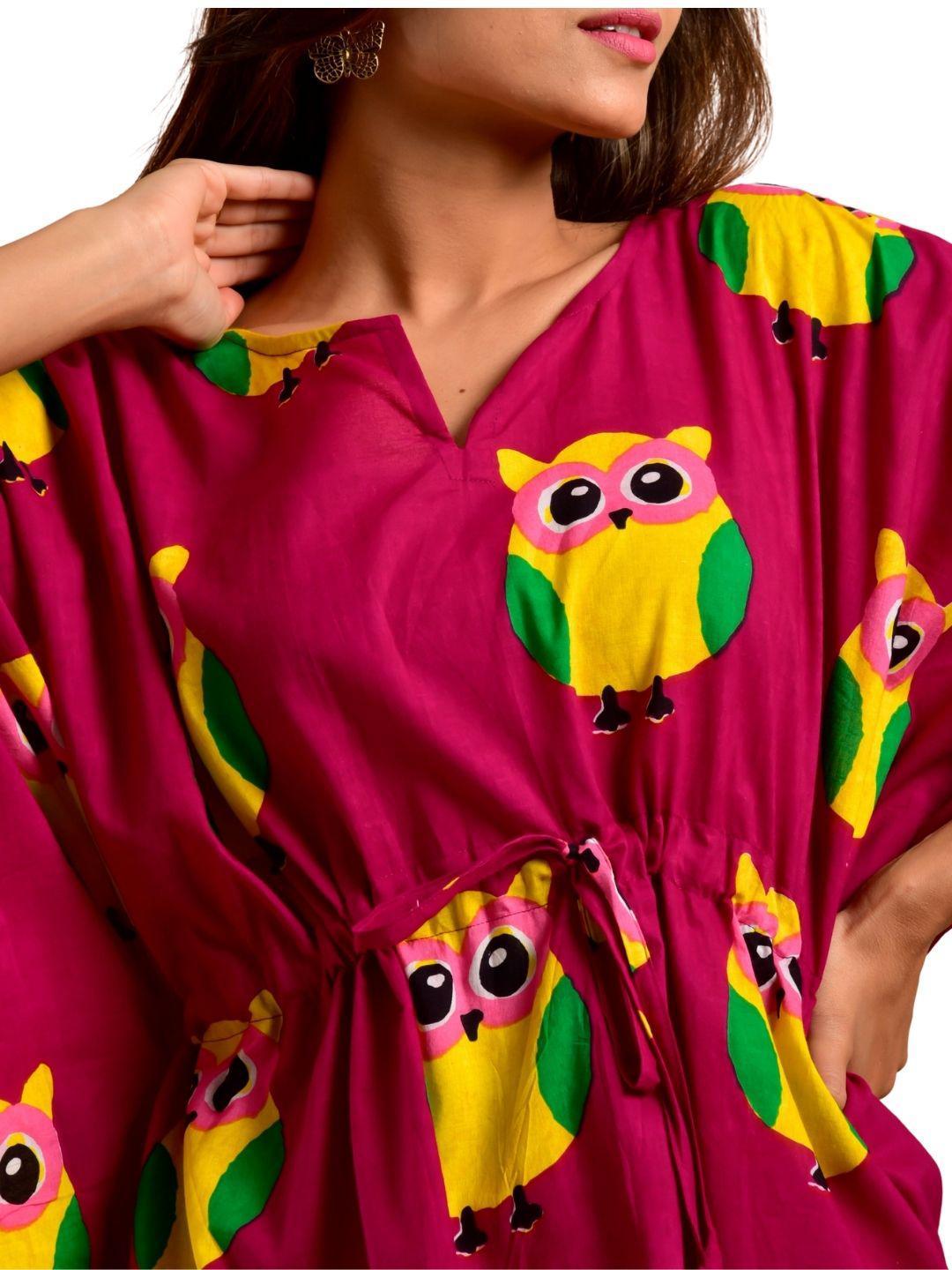 magenta-owl-long-caftan-10921032RD, Women Clothing, Cotton Caftan, Magenta Owl Print Long Caftan