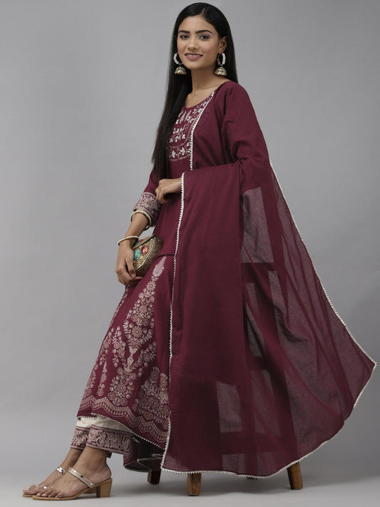 maroon-ethnic-dupatta-set-10103115MR, Women Indian Ethnic Clothing, Rayon Kurta Set Dupatta
