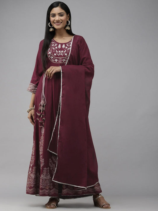 maroon-ethnic-dupatta-set-10103115MR, Women Indian Ethnic Clothing, Rayon Kurta Set Dupatta