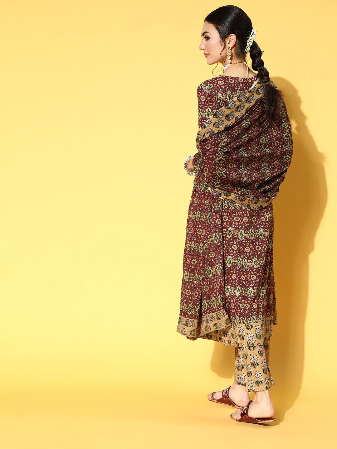 maroon-ethnic-printed-dupatta-set-10103125MR, Women Indian Ethnic Clothing, Cotton Kurta Set Dupatta