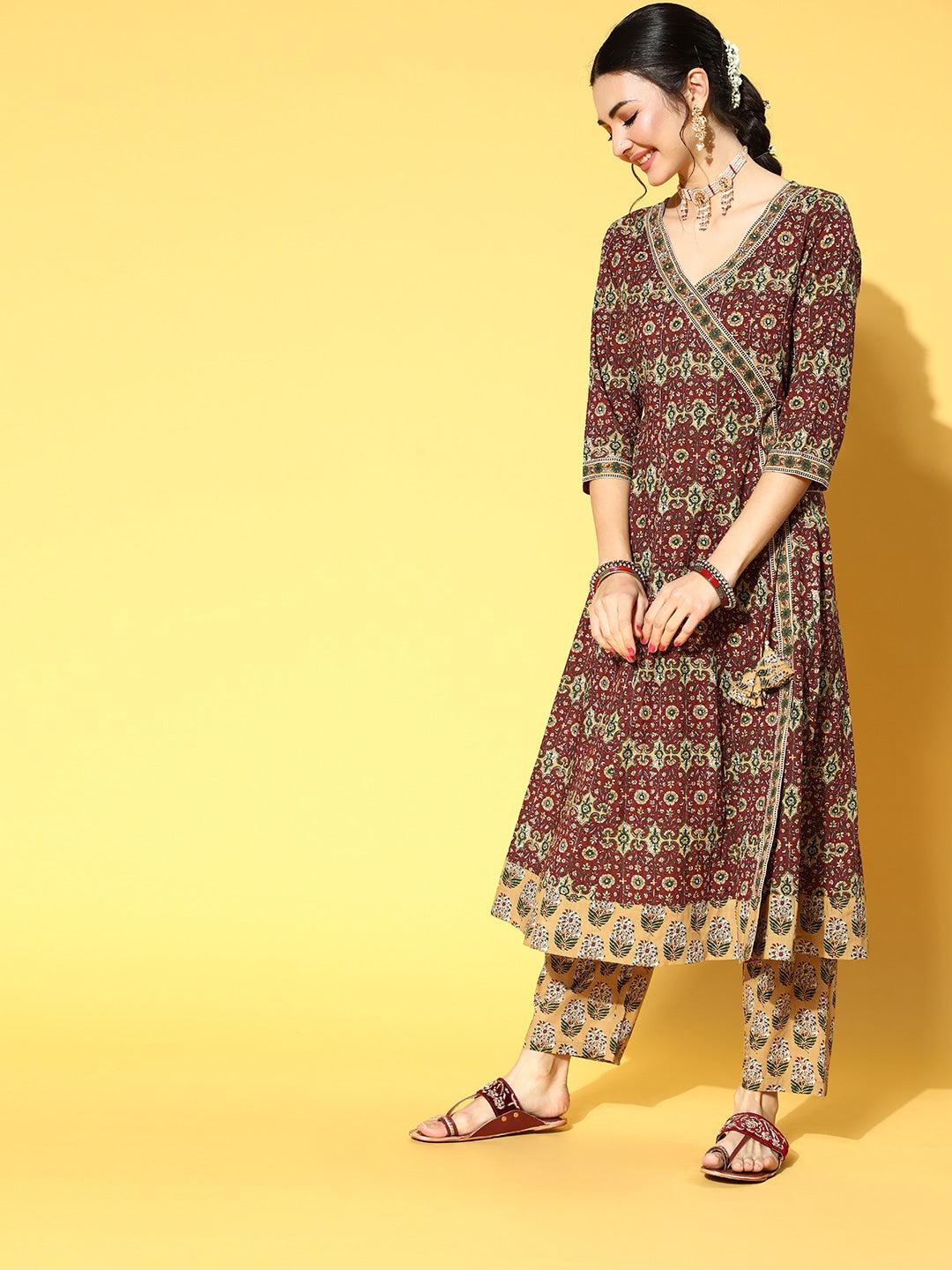 maroon-ethnic-printed-dupatta-set-10103125MR, Women Indian Ethnic Clothing, Cotton Kurta Set Dupatta
