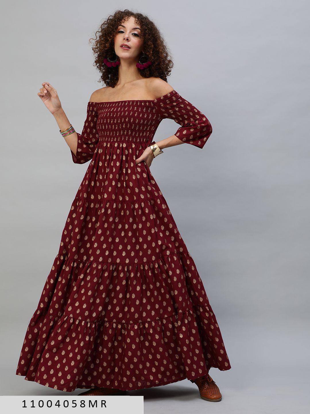 maroon-gold-printed-off-shoulder-tiered-maxi-11004058MR, Women Clothing, Cotton Dress