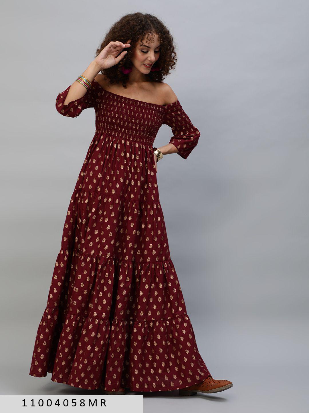 maroon-gold-printed-off-shoulder-tiered-maxi-11004058MR, Women Clothing, Cotton Dress