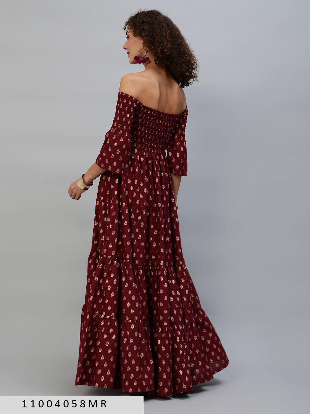 maroon-gold-printed-off-shoulder-tiered-maxi-11004058MR, Women Clothing, Cotton Dress