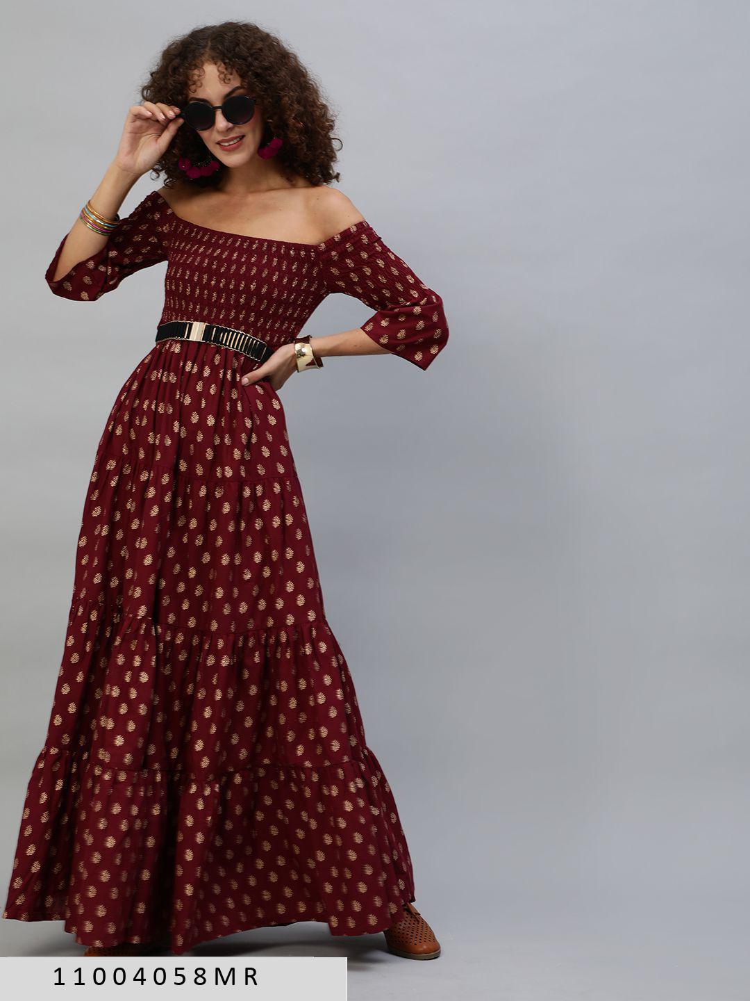 maroon-gold-printed-off-shoulder-tiered-maxi-11004058MR, Women Clothing, Cotton Dress