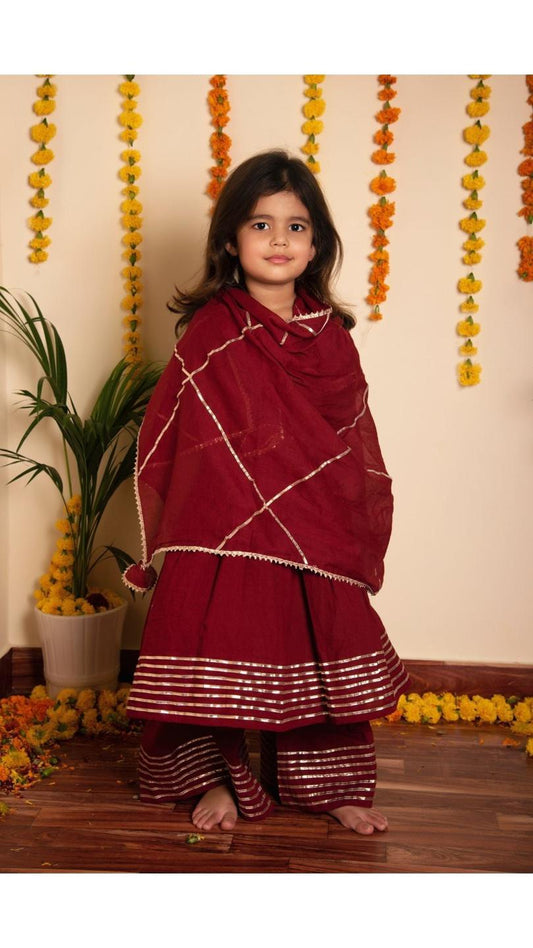 maroon-gotta-jaal-anarkali-set-11434034MR, Kids Indian Ethnic Clothing, Cotton Girl Kurta Set