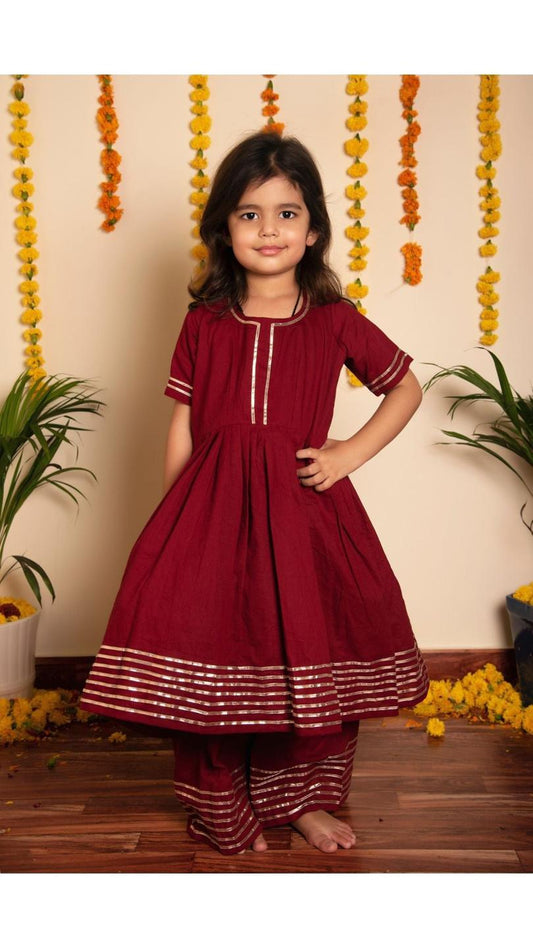 maroon-gotta-jaal-anarkali-set-11434034MR, Kids Indian Ethnic Clothing, Cotton Girl Kurta Set