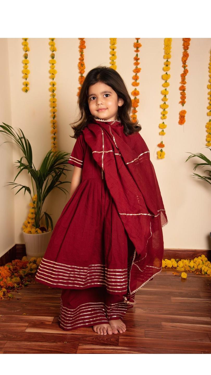 maroon-gotta-jaal-anarkali-set-11434034MR, Kids Indian Ethnic Clothing, Cotton Girl Kurta Set