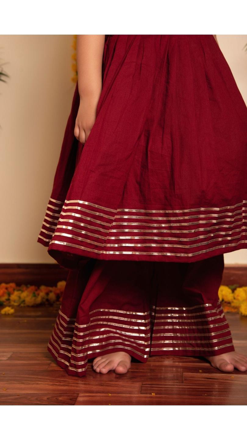 maroon-gotta-jaal-anarkali-set-11434034MR, Kids Indian Ethnic Clothing, Cotton Girl Kurta Set