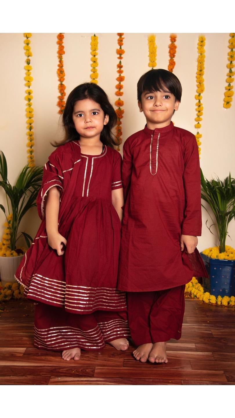 maroon-kurta-pant-set-11420035MR, Kids Indian Ethnic Clothing, Cotton Boy Kurta Pajama Set