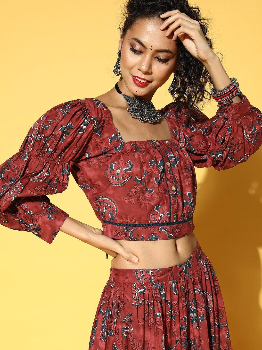 maroon-navy-blue-printed-co-ords-10140180RD, Women Indian Ethnic Clothing, Cotton Co-Ords