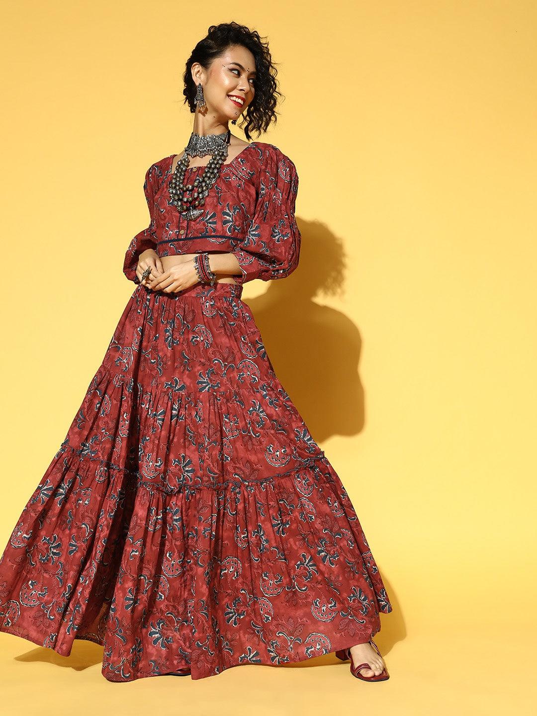 maroon-navy-blue-printed-co-ords-10140180RD, Women Indian Ethnic Clothing, Cotton Co-Ords
