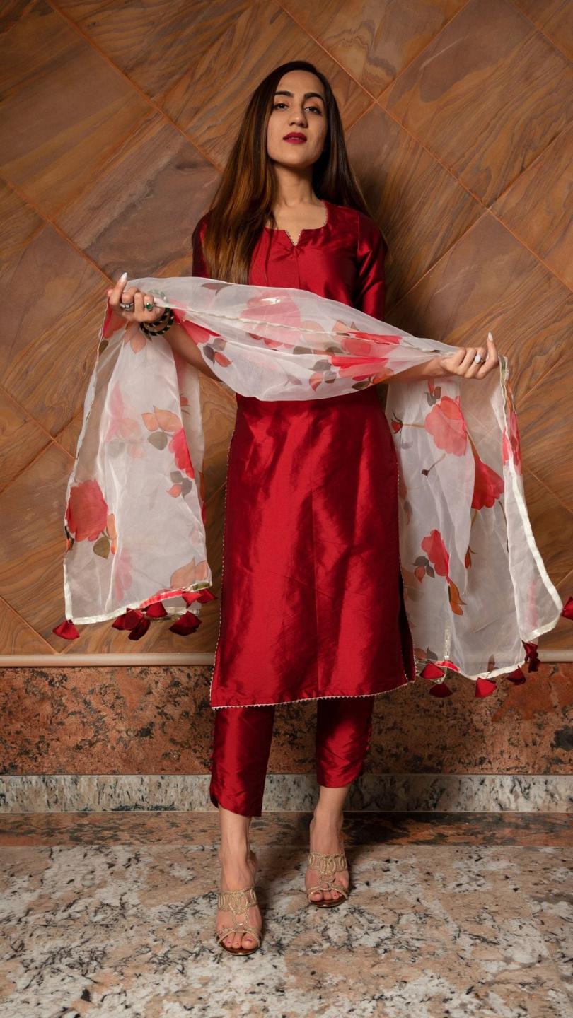 maroon-phool-taffeta-suit-set-11403172MR, Women Indian Ethnic Clothing, Silk Kurta Set Dupatta