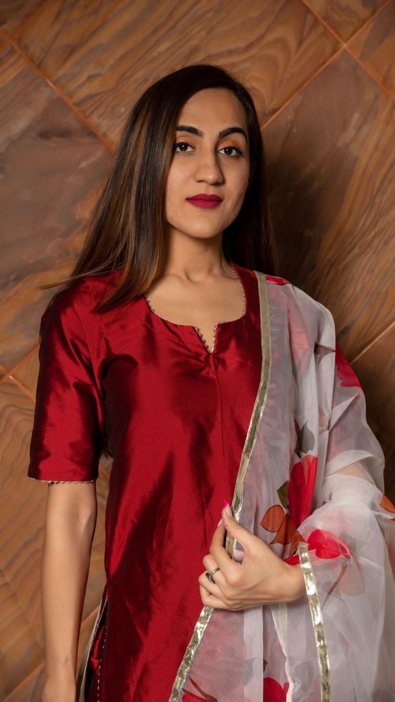 maroon-phool-taffeta-suit-set-11403172MR, Women Indian Ethnic Clothing, Silk Kurta Set Dupatta