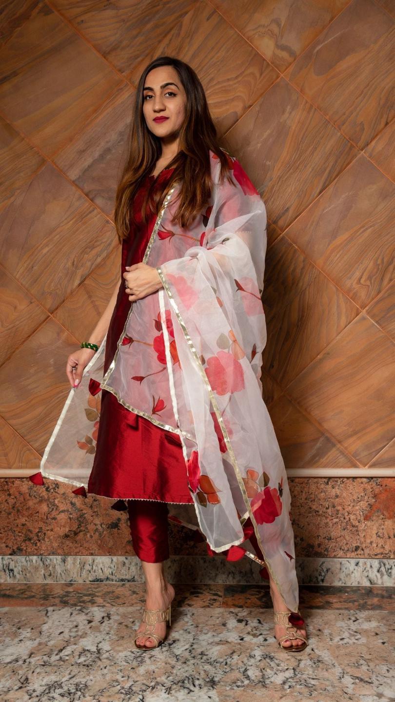 maroon-phool-taffeta-suit-set-11403172MR, Women Indian Ethnic Clothing, Silk Kurta Set Dupatta