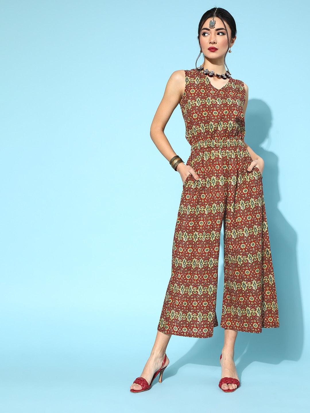 maroon-printed-jumpsuit-10124098MR, Women Clothing, Cotton Jumpsuit