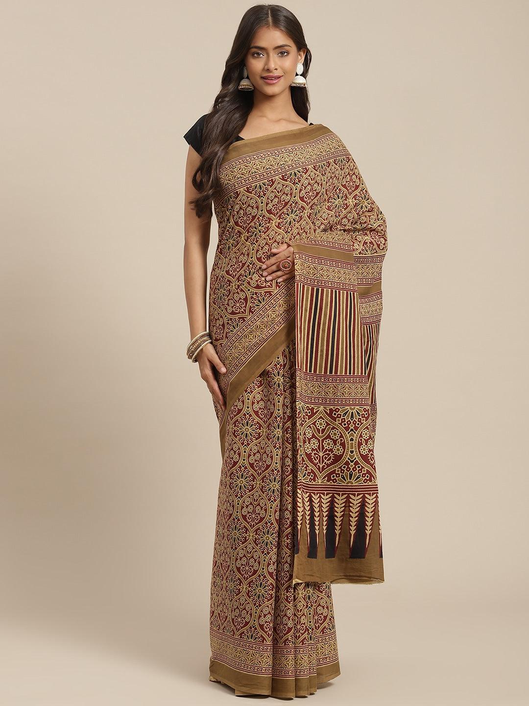 maroon-printed-saree-10122056MR, Women Indian Ethnic Clothing, Cotton Saree