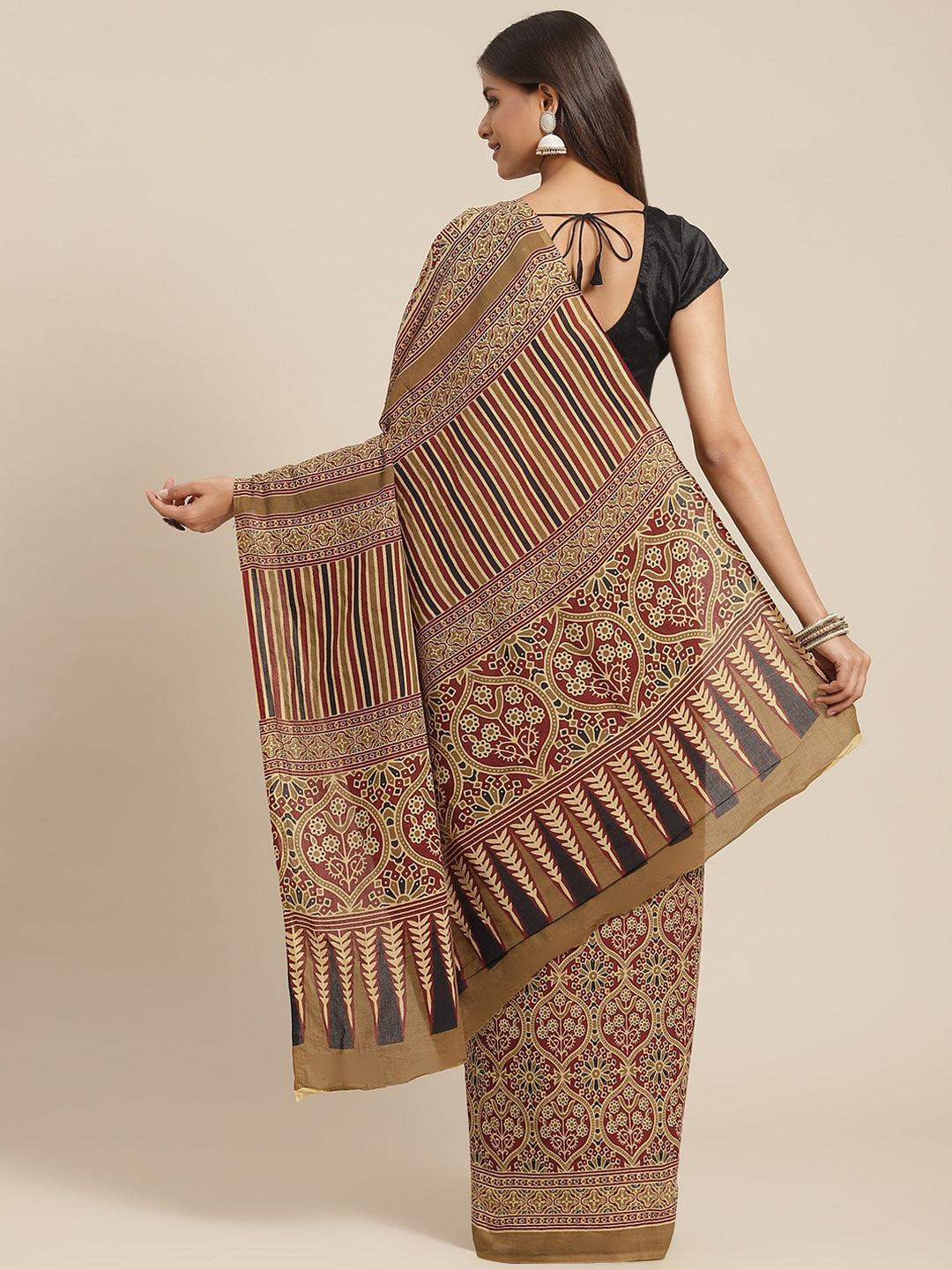 maroon-printed-saree-10122056MR, Women Indian Ethnic Clothing, Cotton Saree
