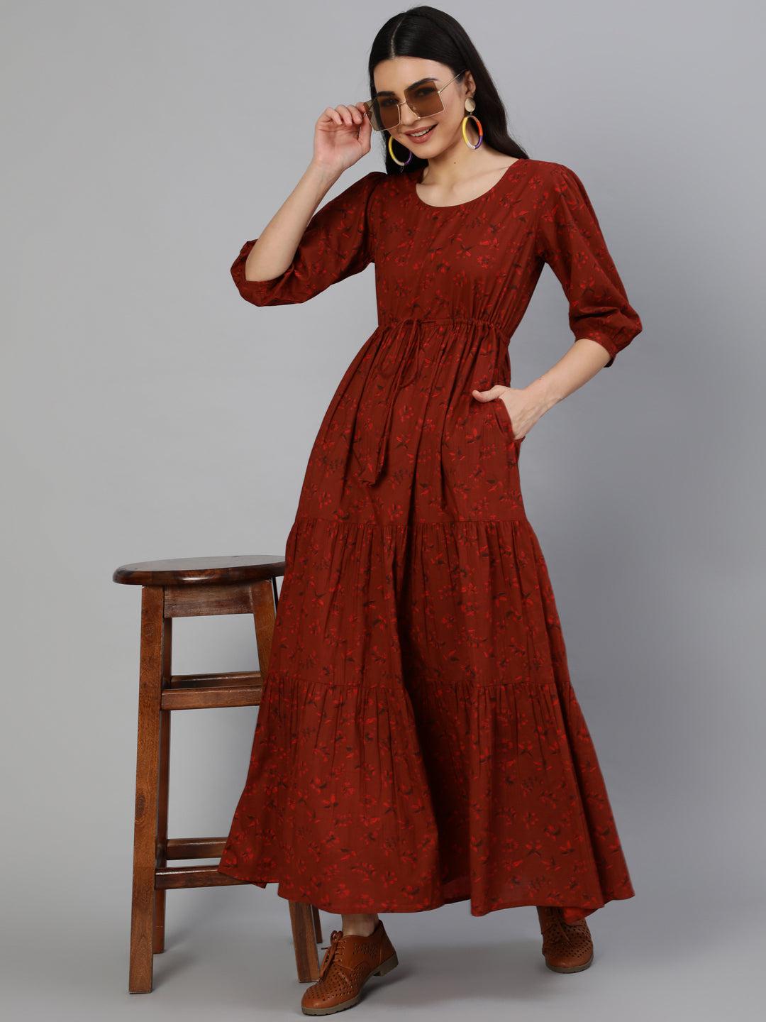 maroon-printed-tiered-dress-10804003MR, Women Clothing, Cotton Dress