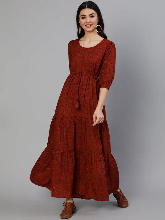maroon-printed-tiered-dress-10804003MR, Women Clothing, Cotton Dress