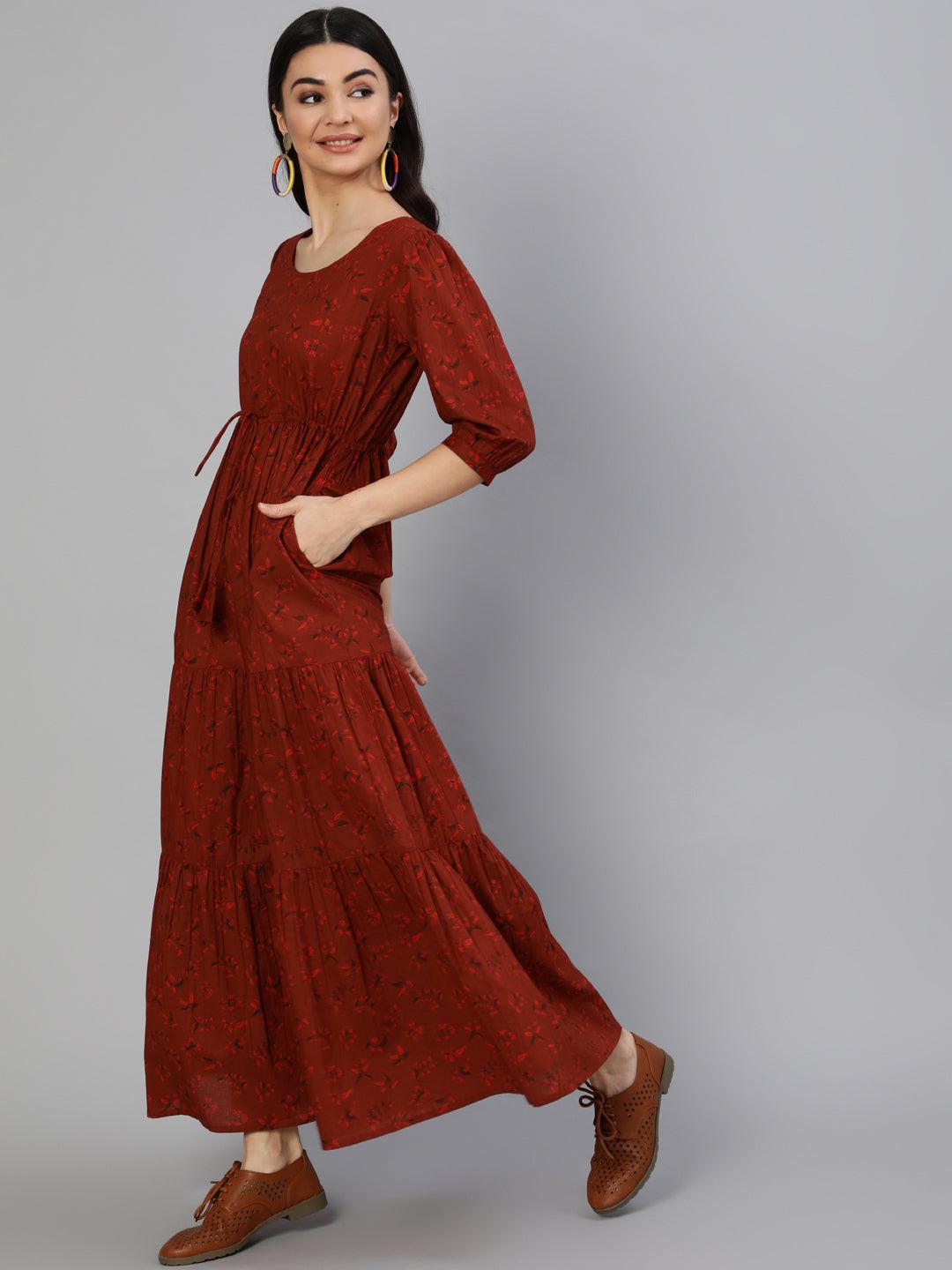 maroon-printed-tiered-dress-10804003MR, Women Clothing, Cotton Dress