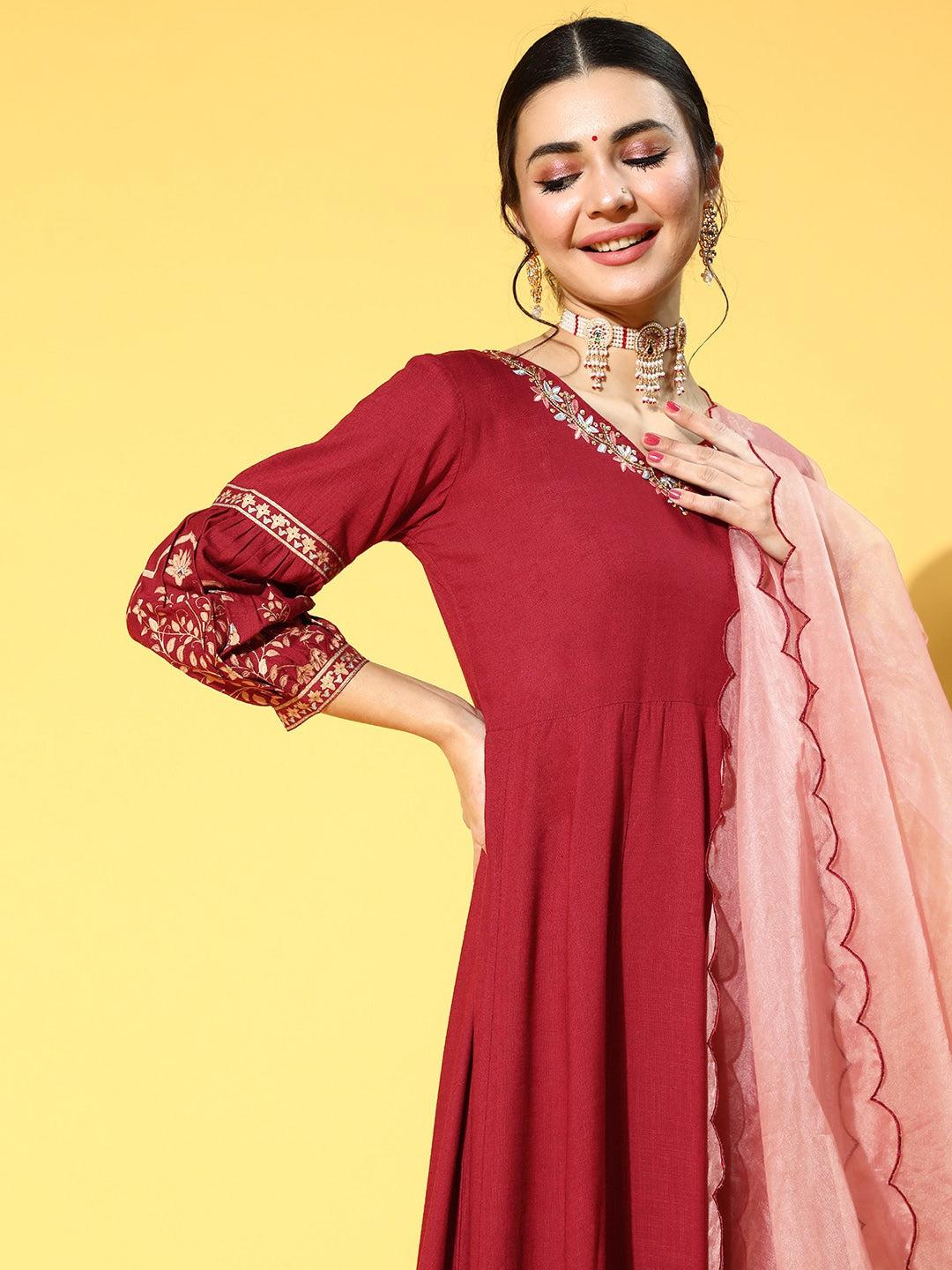 maroon-yoke-design-dress-with-dupatta-10101128MR, Women Indian Ethnic Clothing, Rayon Kurta