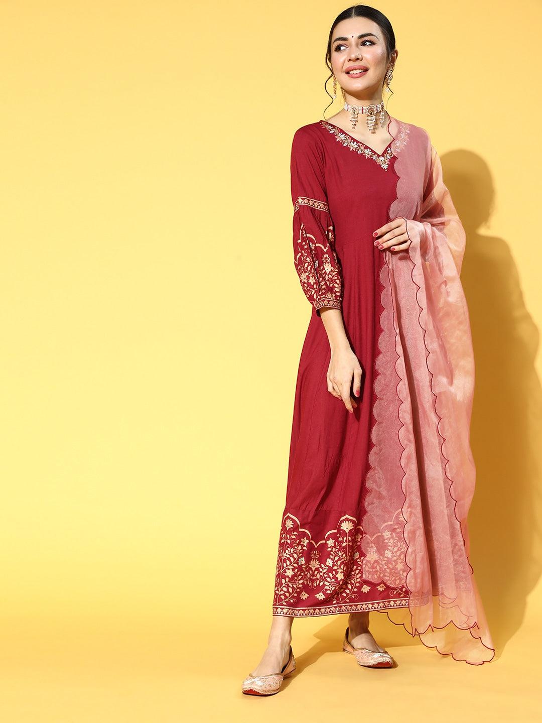 maroon-yoke-design-dress-with-dupatta-10101128MR, Women Indian Ethnic Clothing, Rayon Kurta
