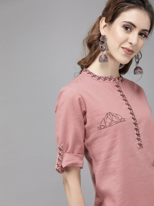 mauve-embroidered-straight-kurta-10101013PK, Women Indian Ethnic Clothing, Cotton Kurta